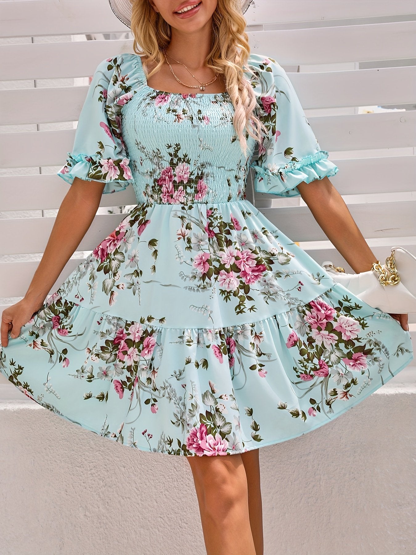 Pink Charming Floral Print Short Sleeve Mini Dress