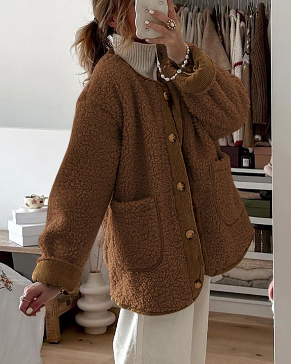 Casual Fuzzy Fleece Long Sleeve Button Jacket