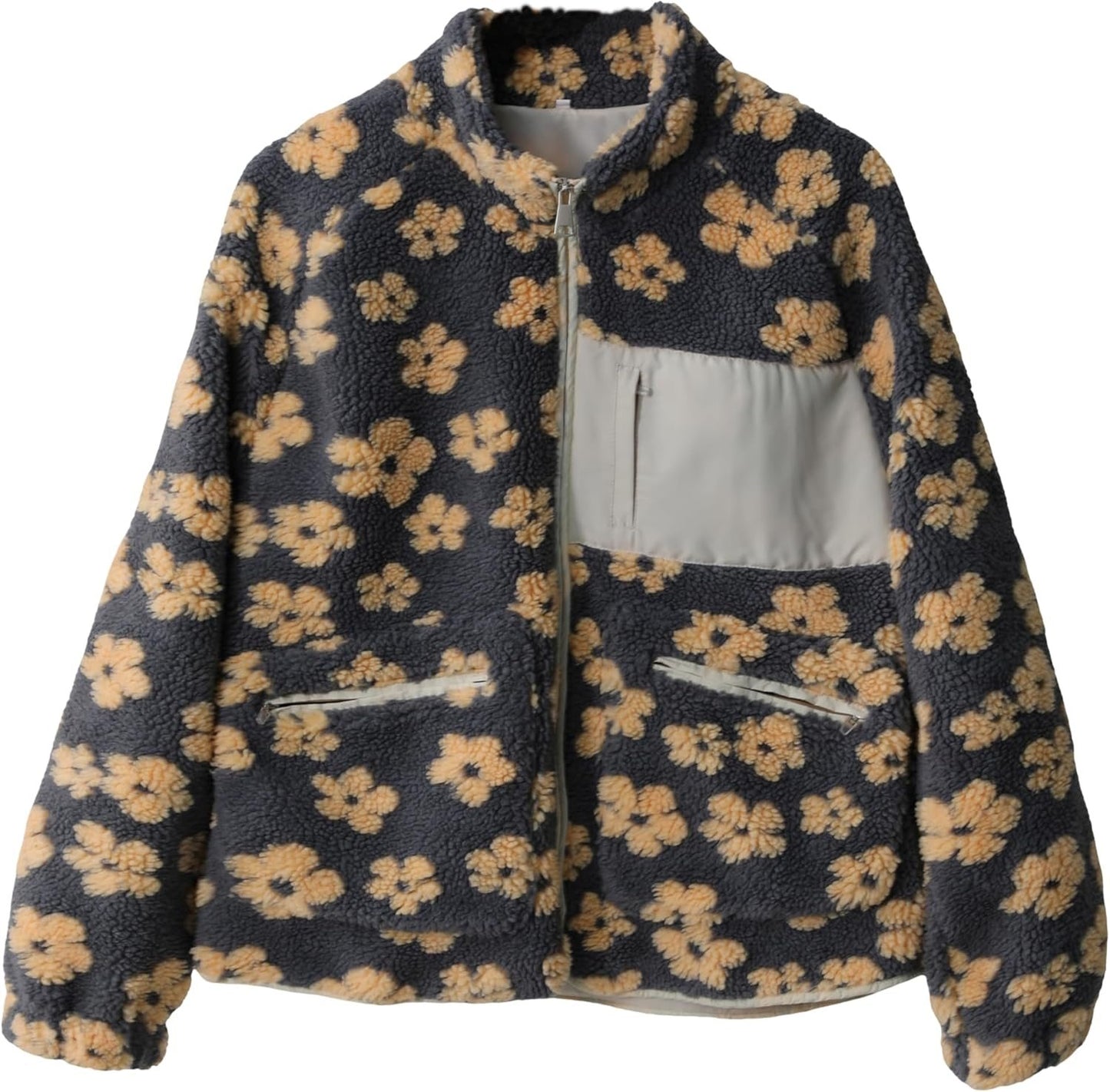 Trendy Stand Collar Zip-Up Fleece Floral Jacket