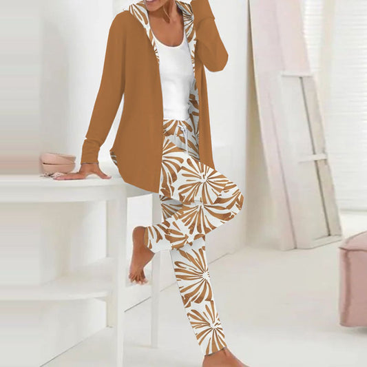 Brown Plant Print Hoodie Two Piece Set