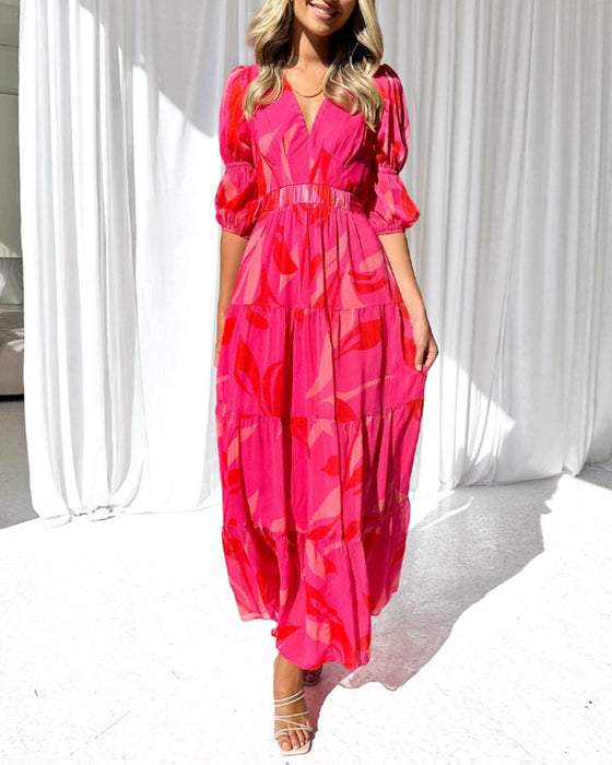 Elegant printed Maxi dress with puff sleeves