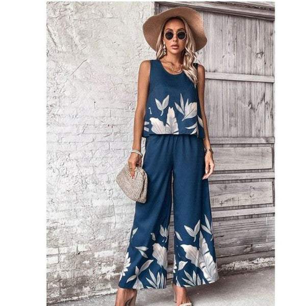 Stylish Blue Sleeveless Two Piece Set