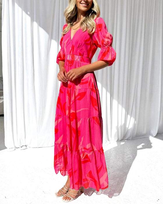 Elegant printed Maxi dress with puff sleeves