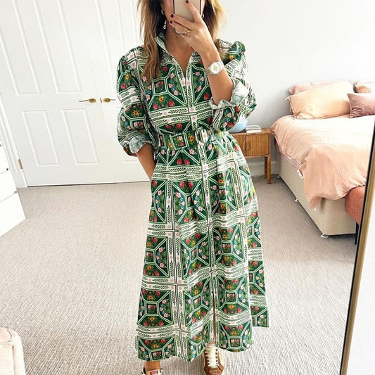 Green Long Sleeve Collared Maxi Dress