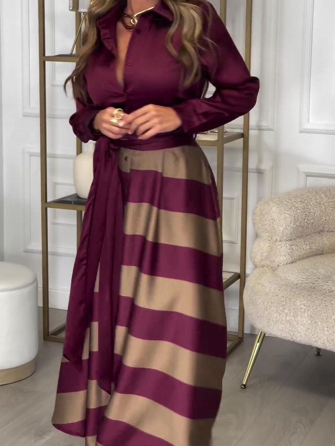 Burgundy Patchwork Shirt Maxi Dress