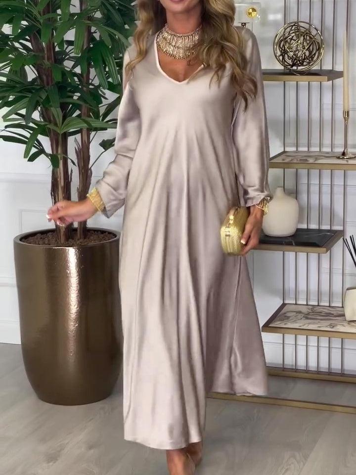 Chic Plain V-Neck Long Sleeve Maxi Dress