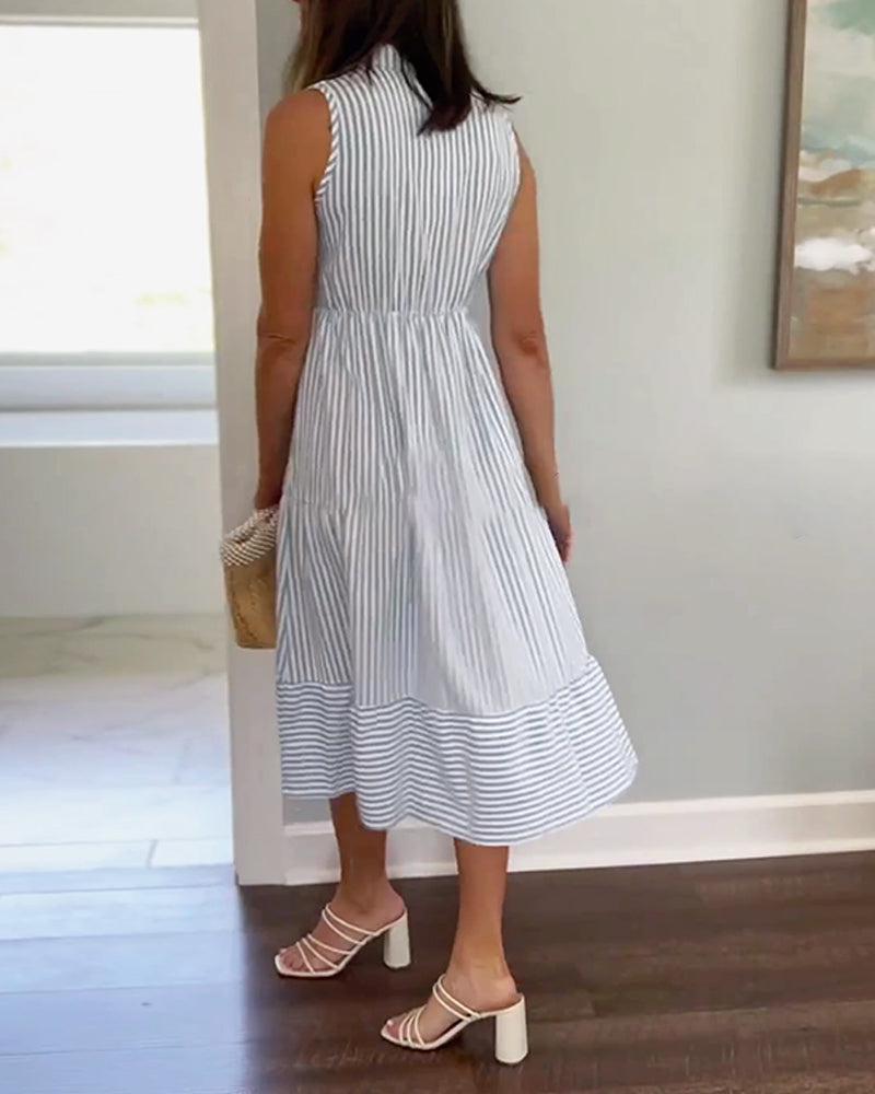 Trendy Striped Print V-Neck Midi Dress