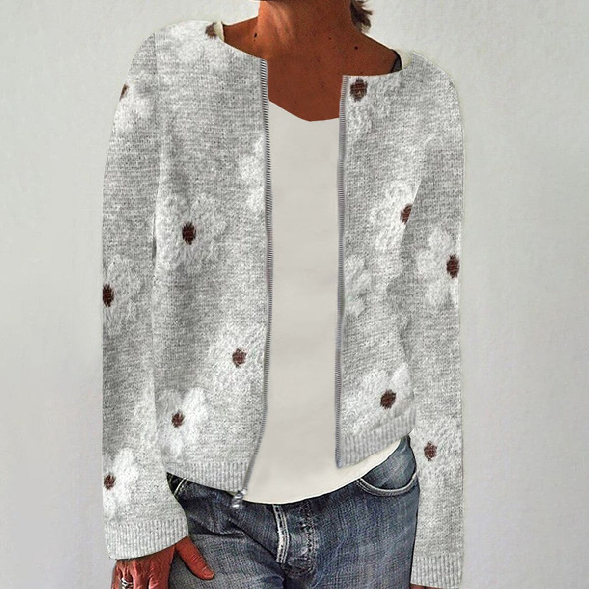 Elegant Grey Long Sleeve Cardigan