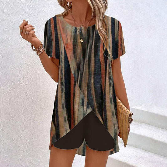 Retro Print Short Sleeve Two Piece Set