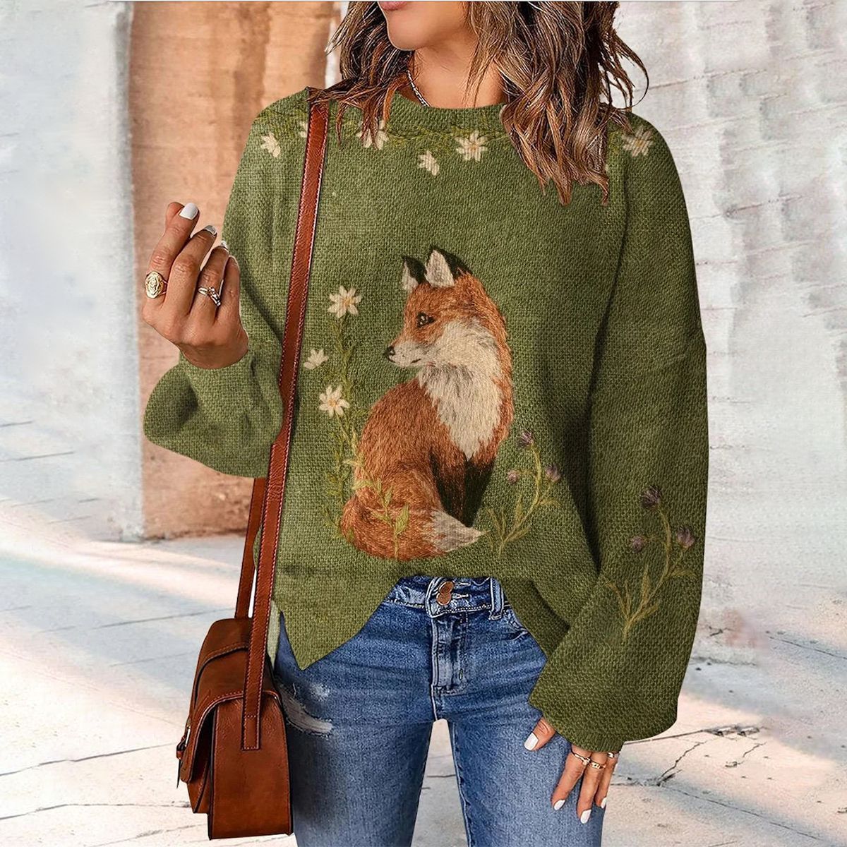 Green Animal Print Long Sleeve Round Neck Sweater