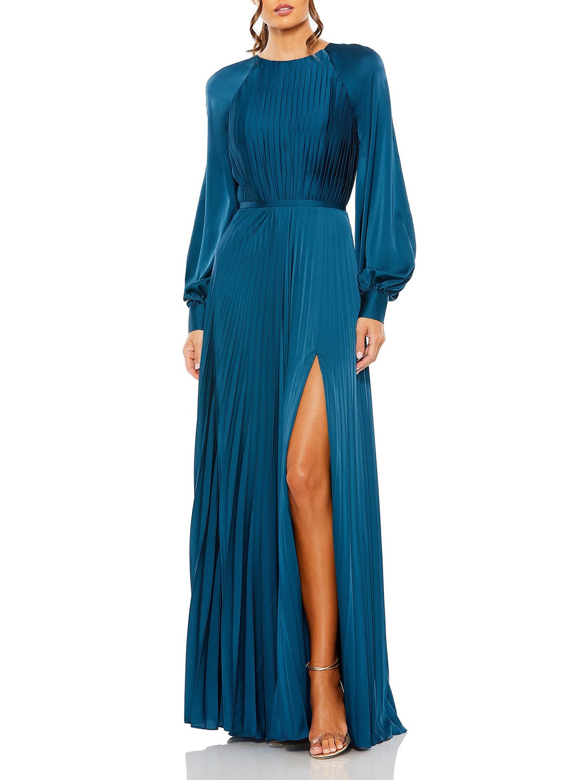 Pleated Round Neck Raglan Long Sleeve Maxi Dress