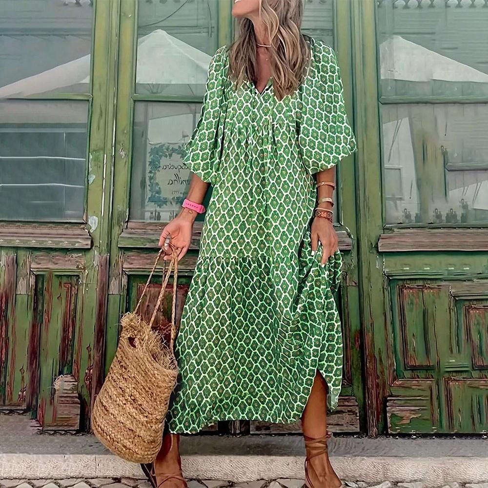 Fresh V-Neck 3/4 Sleeve Maxi Dress