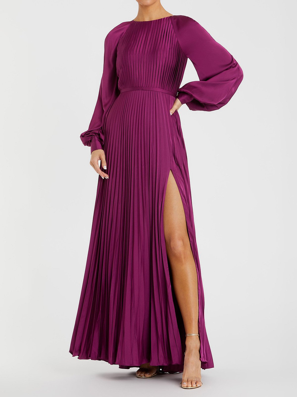 Pleated Round Neck Raglan Long Sleeve Maxi Dress