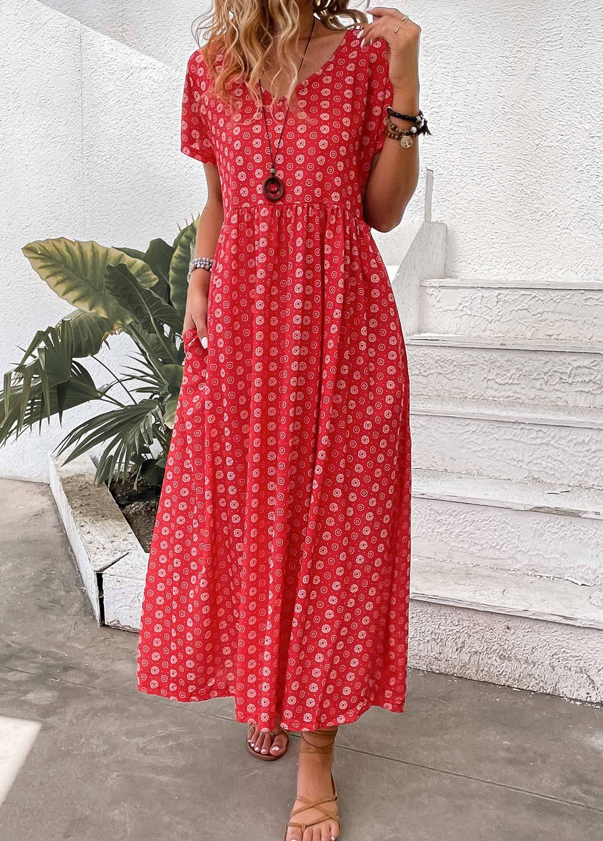 Red Pocket Geometric Print Maxi A Line Dress