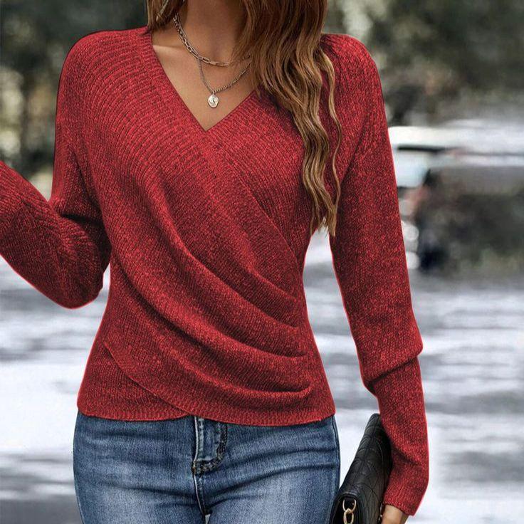 Showy Burgundy Plain V-Neck Long Sleeve Sweater