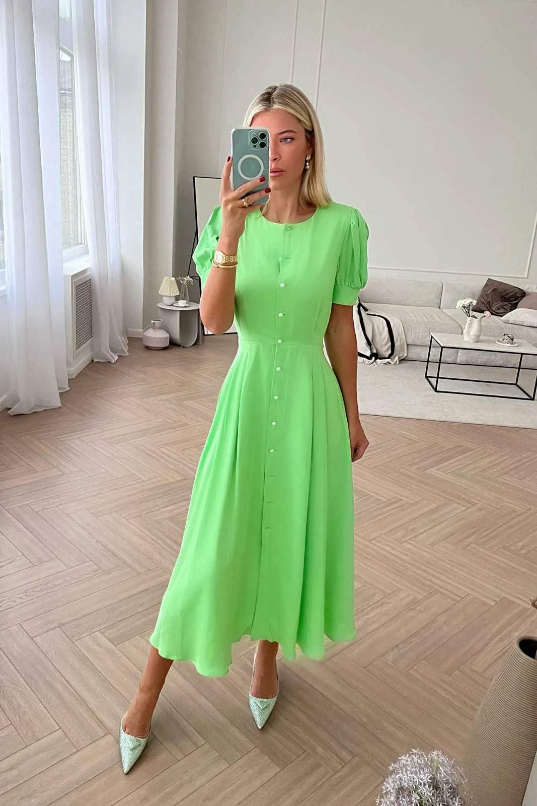 Solid Color Short Sleeves Button Front Midi Dress