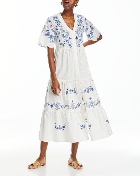 V-neck Blue Printed Stylish Maxi Dress