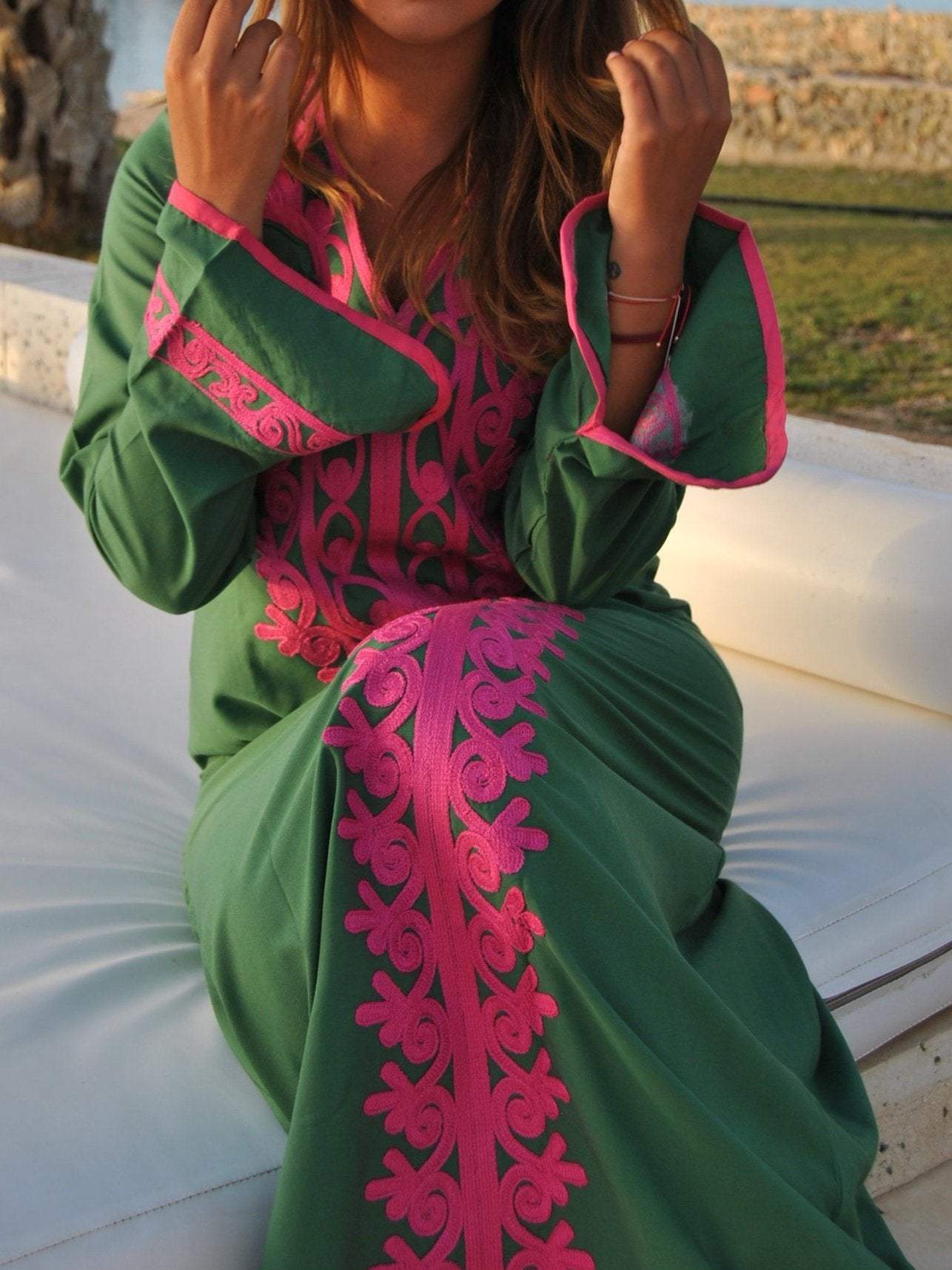 Green Bohemian Maxi Kaftan Dress