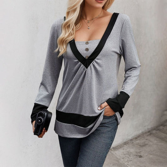 Grey Long Sleeve Color Block Top