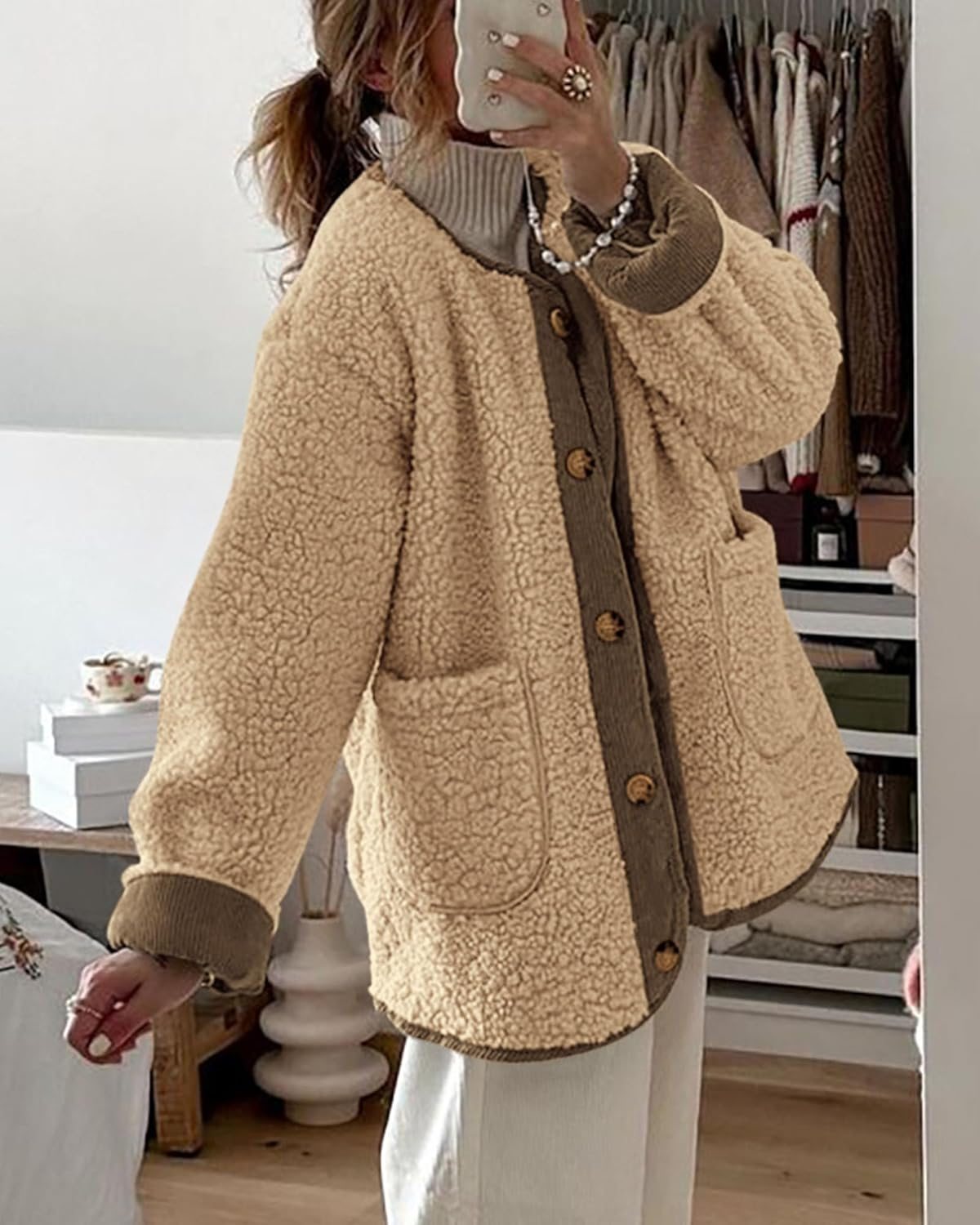 Casual Fuzzy Fleece Long Sleeve Button Jacket