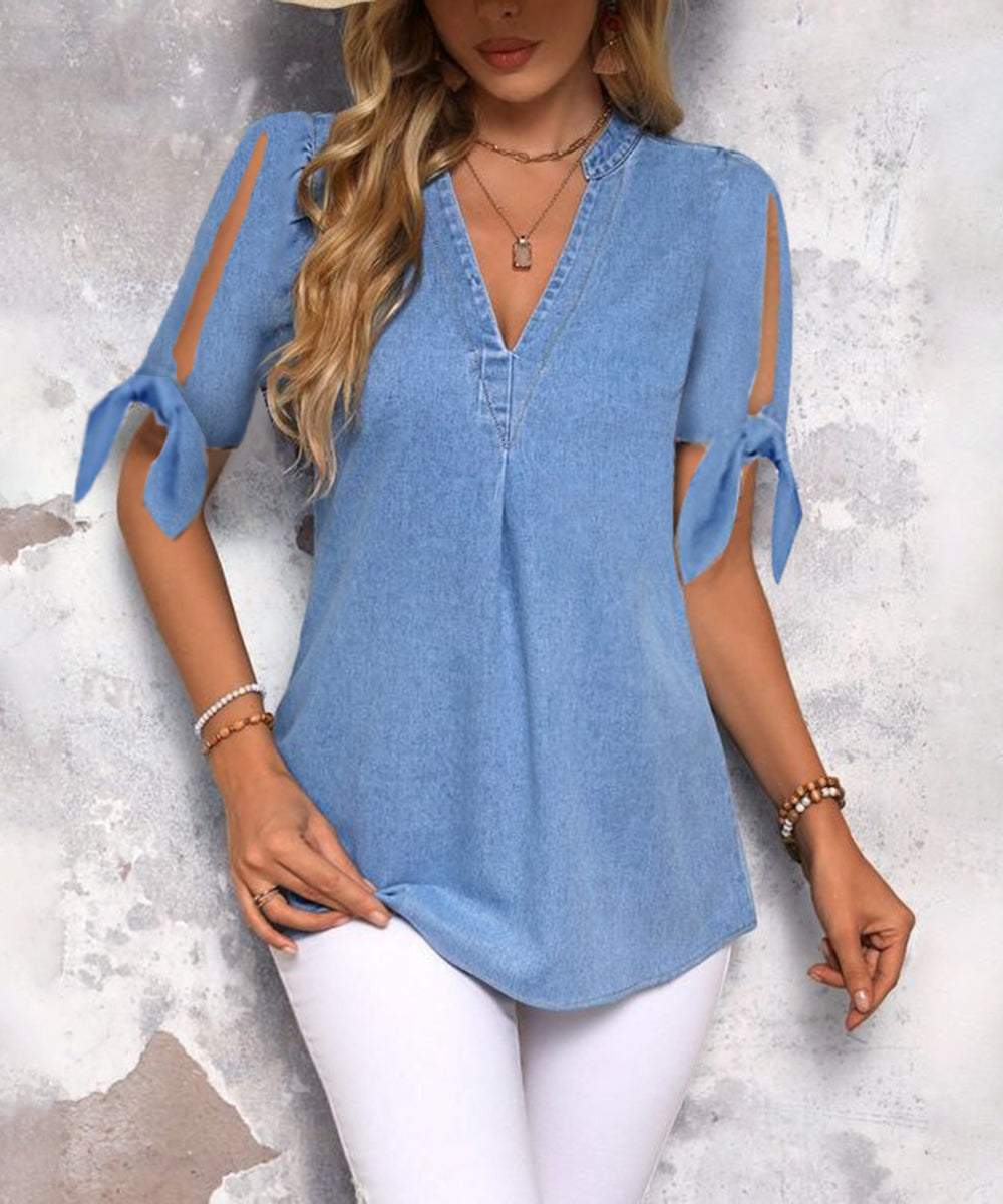 Blue Split Sleeve Plain Top