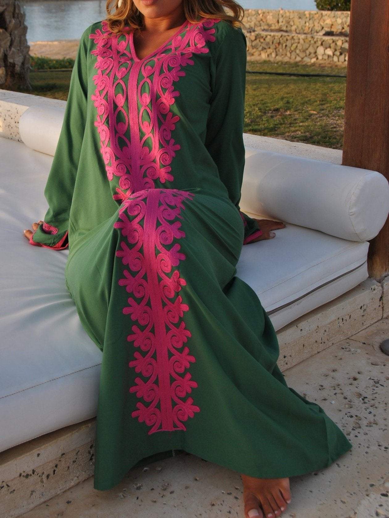 Green Bohemian Maxi Kaftan Dress