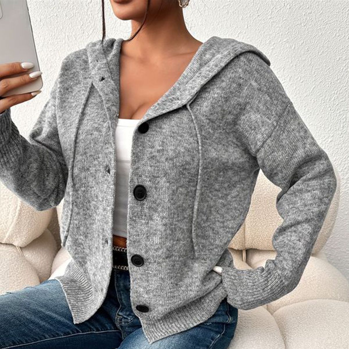 Grey Plain Hoodie Cardigan