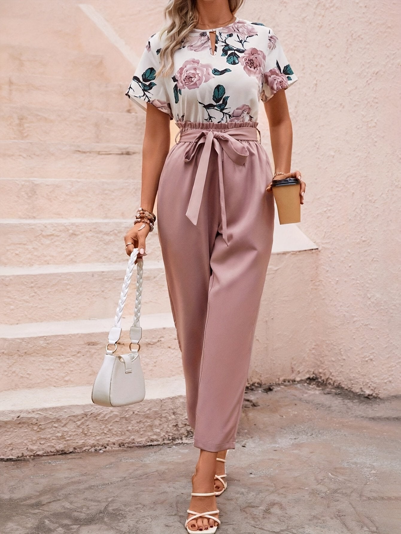 Elegant Floral Print Short Sleeve Two Piece Set