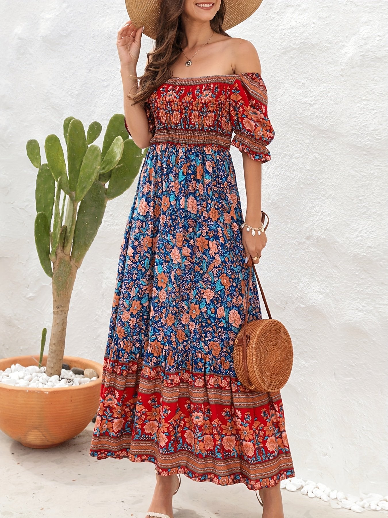 Chic  Floral Print Off Shoulder Maxi Dress