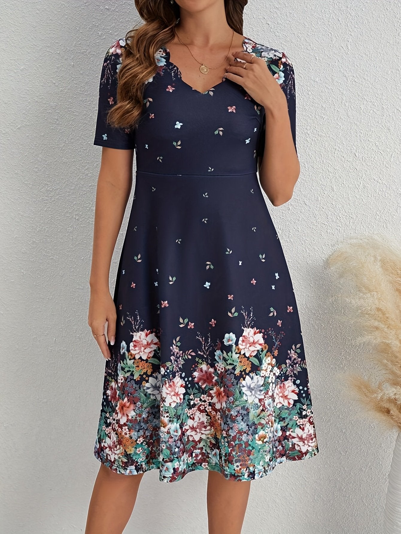 Navy Short Sleeve Stunning Floral Midi Dress