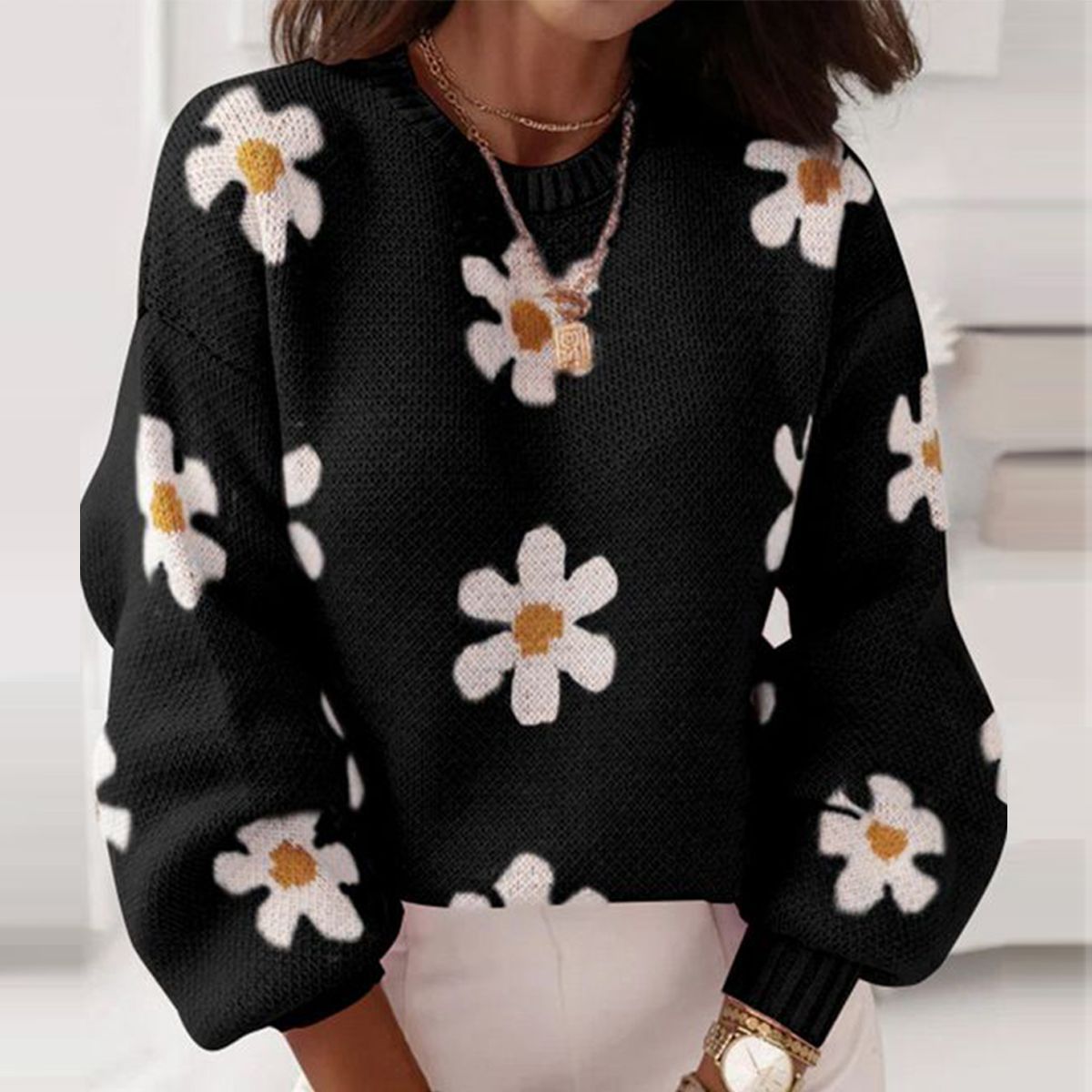 Comfy Floral Print Round Neck Long Sleeve Sweater