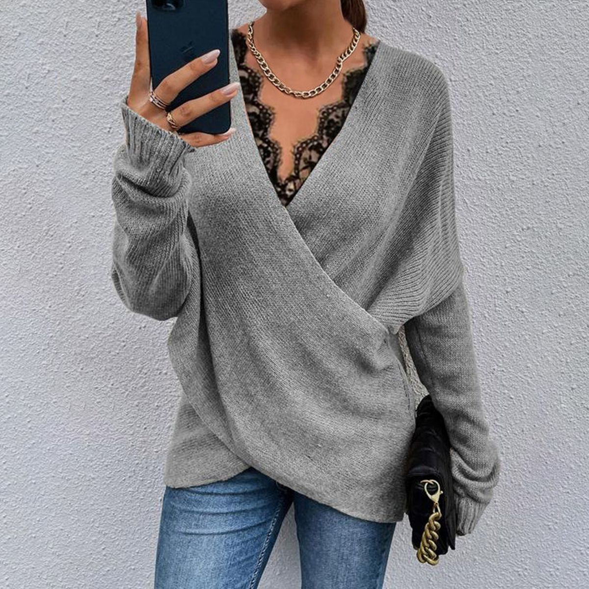 Distinctive Grey Print Long Sleeve Sweater