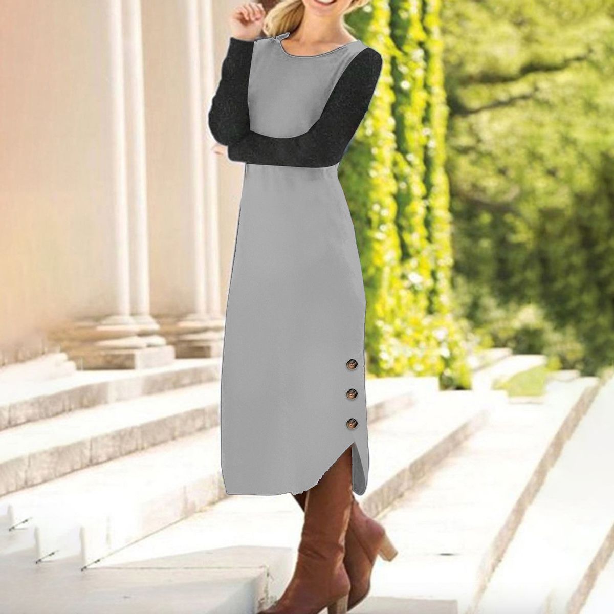 Robe longue chic à blocs de couleurs gris 