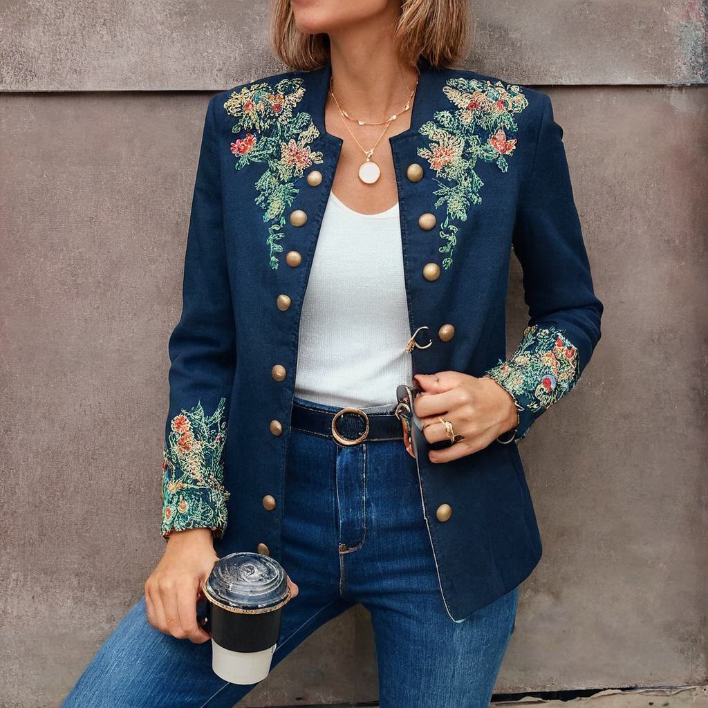 Romantic Floral Print Navy Outerwear