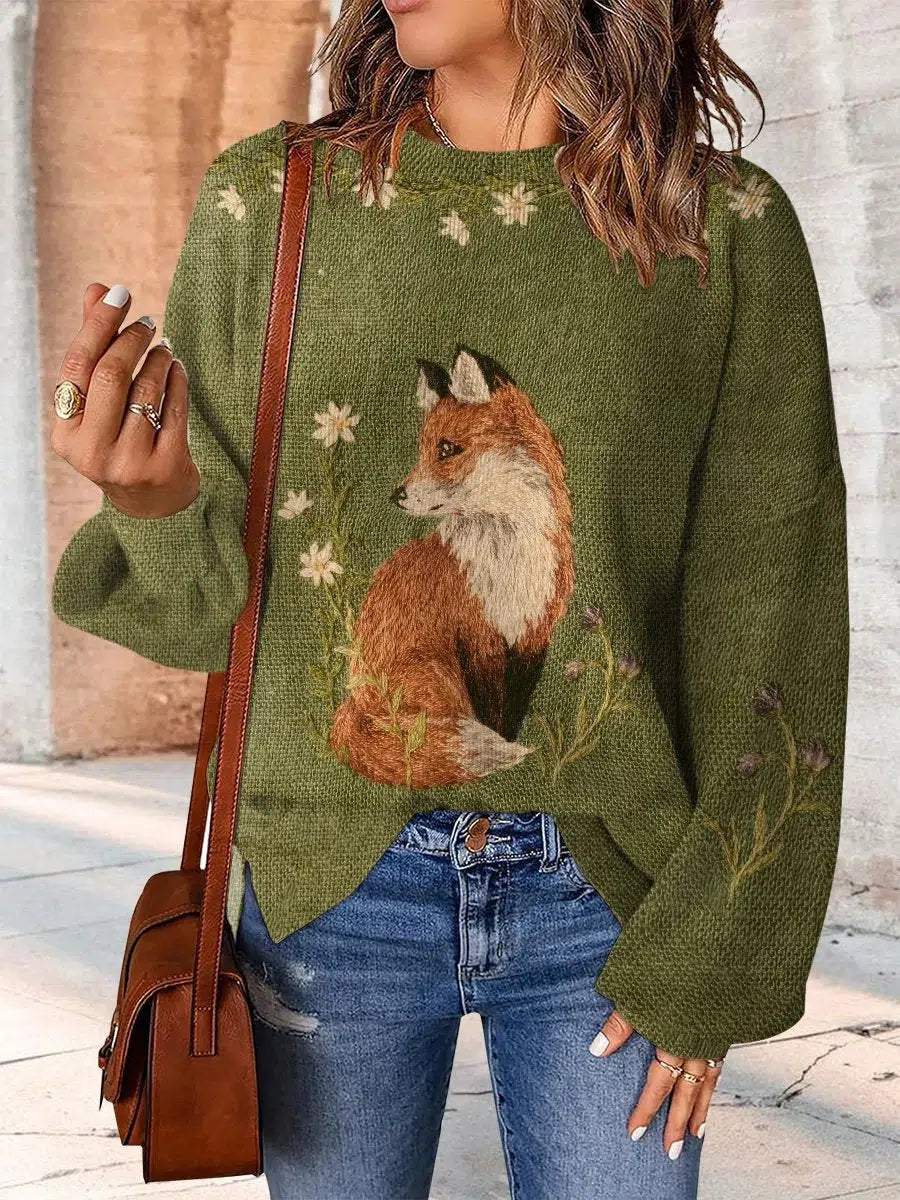 Green Animal Print Long Sleeve Round Neck Sweater