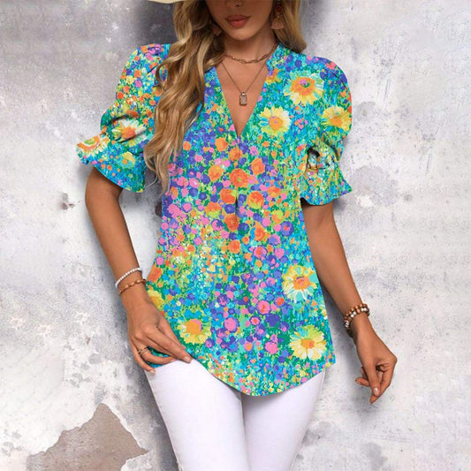 Youthful Floral Print Short Sleeve Top