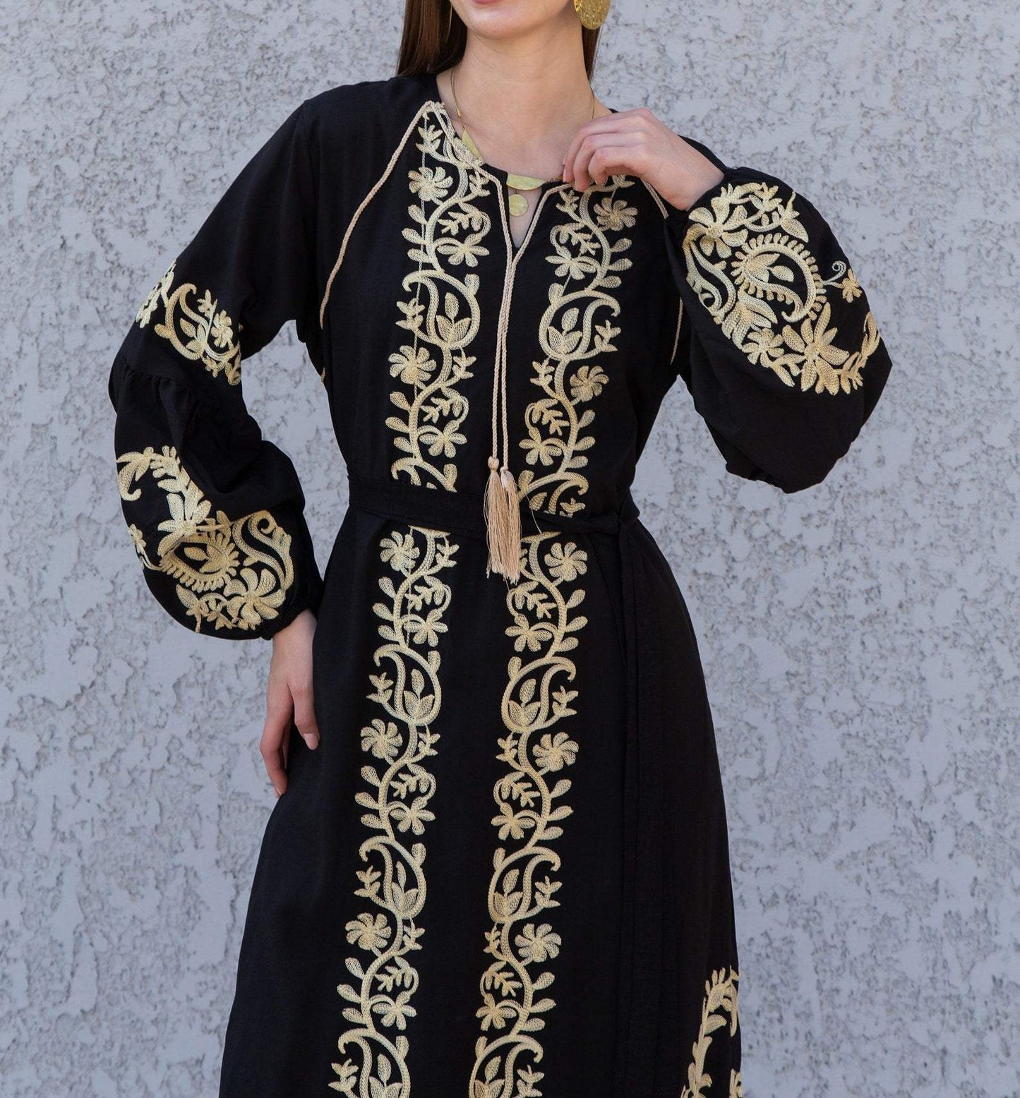 Vintage Notched Neck Long Sleeve Midi Dress