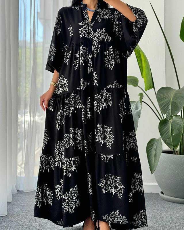 Trendy Black Print V-Neck Maxi Dress