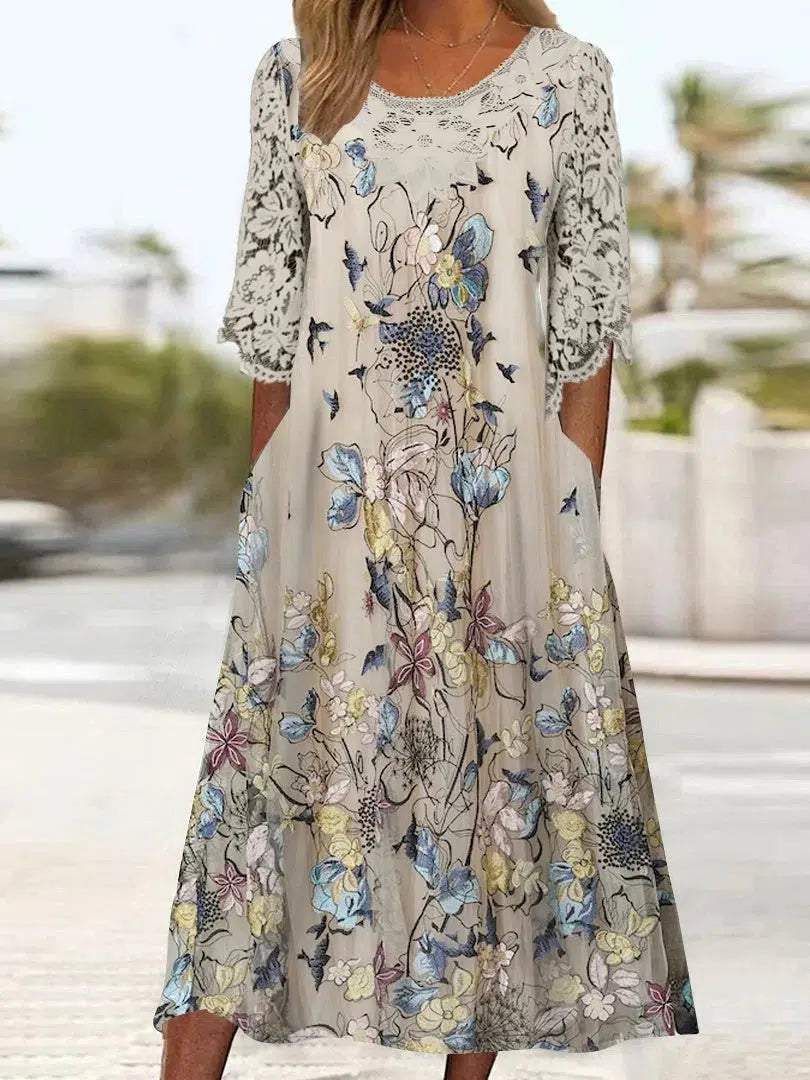 Unique Plant Print Round Neck Midi Dress