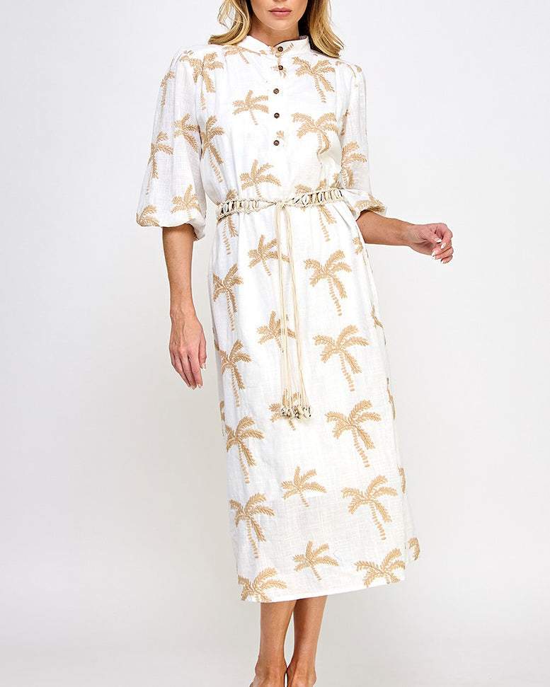 Palms Embroidered Belt Midi Dress