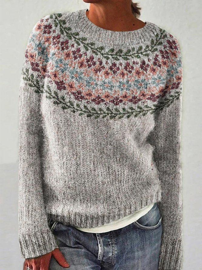 Elegant Print Round Neck Sweater