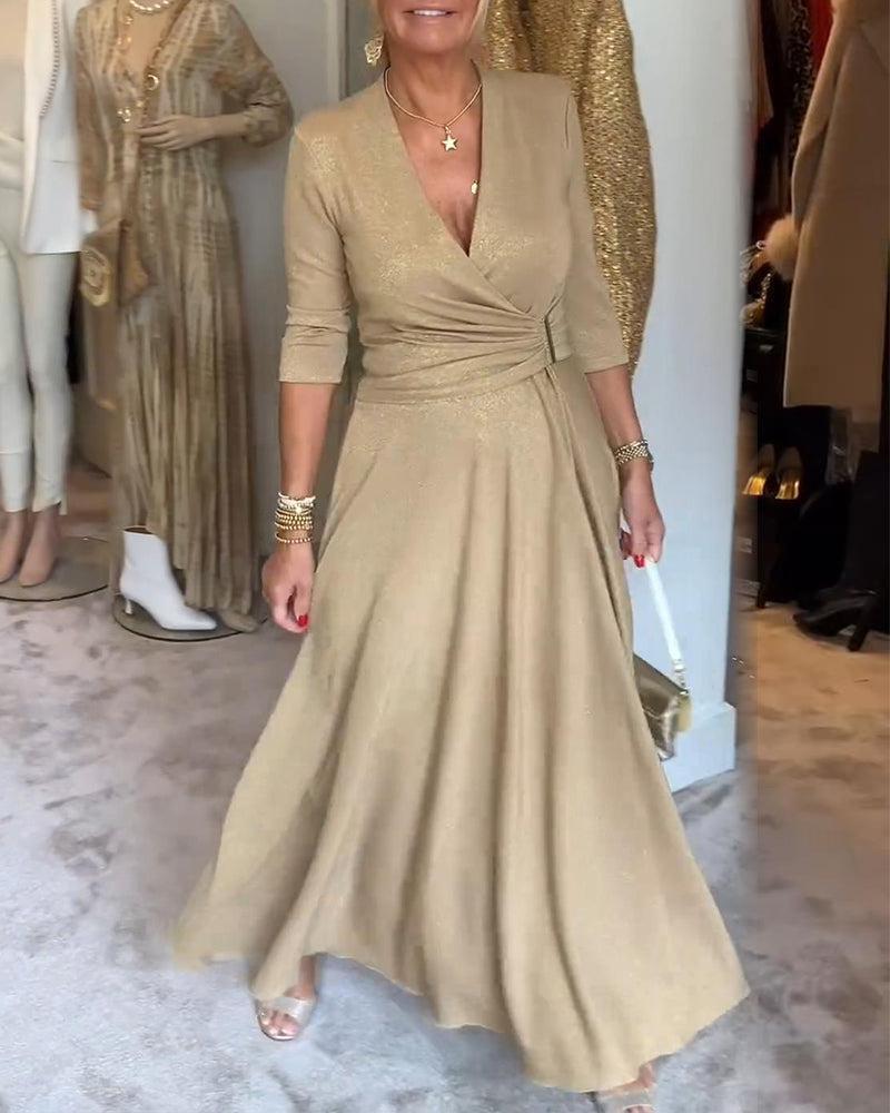 Gold Plain V-Neck Long Sleeve Maxi Dress