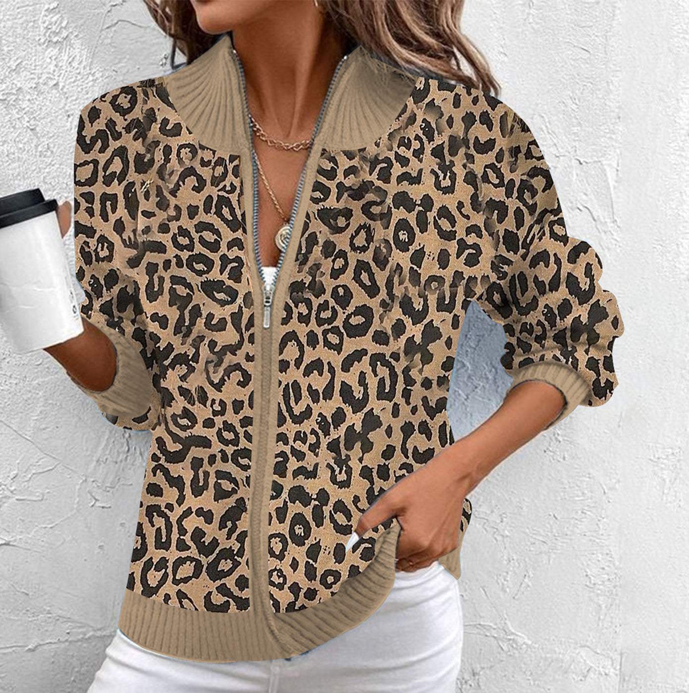 Cool Leopard Zip V-Neck Cardigan