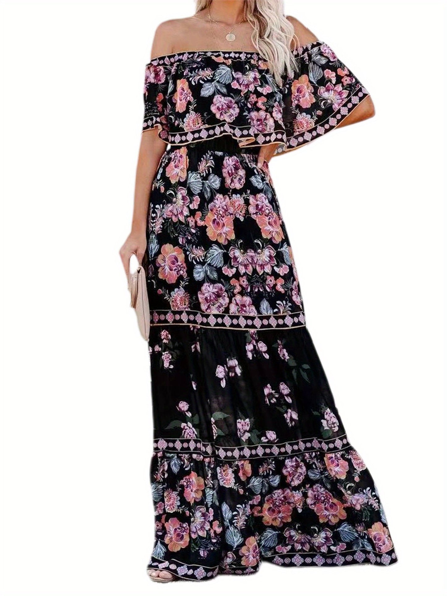 Floral Print Off Shoulder A-line Maxi Dress