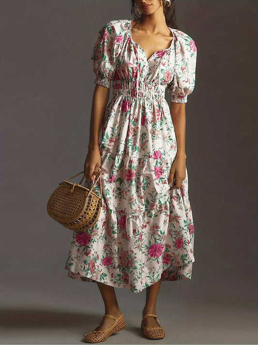 Floral Print Tie Neck A-line Maxi Dress