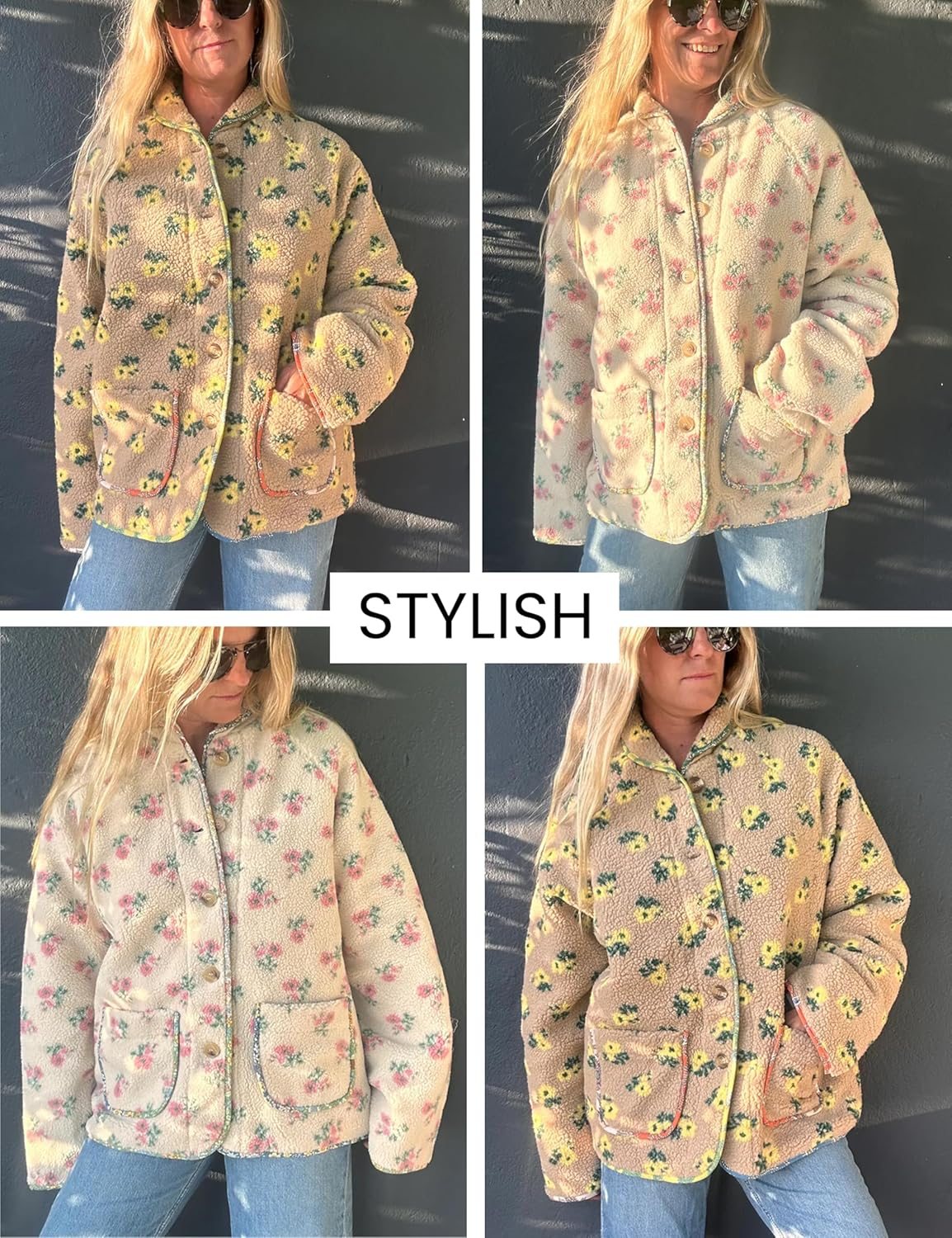 Trendy Floral Print Fleece Button Jackets