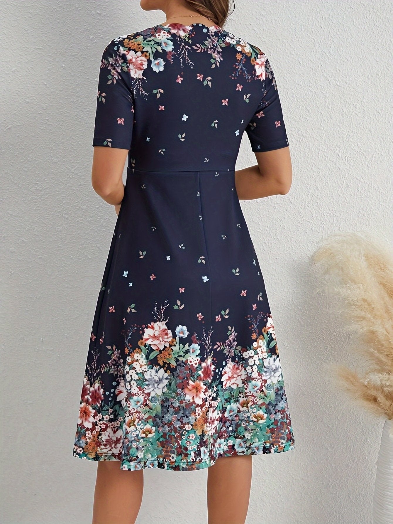 Navy Short Sleeve Stunning Floral Midi Dress