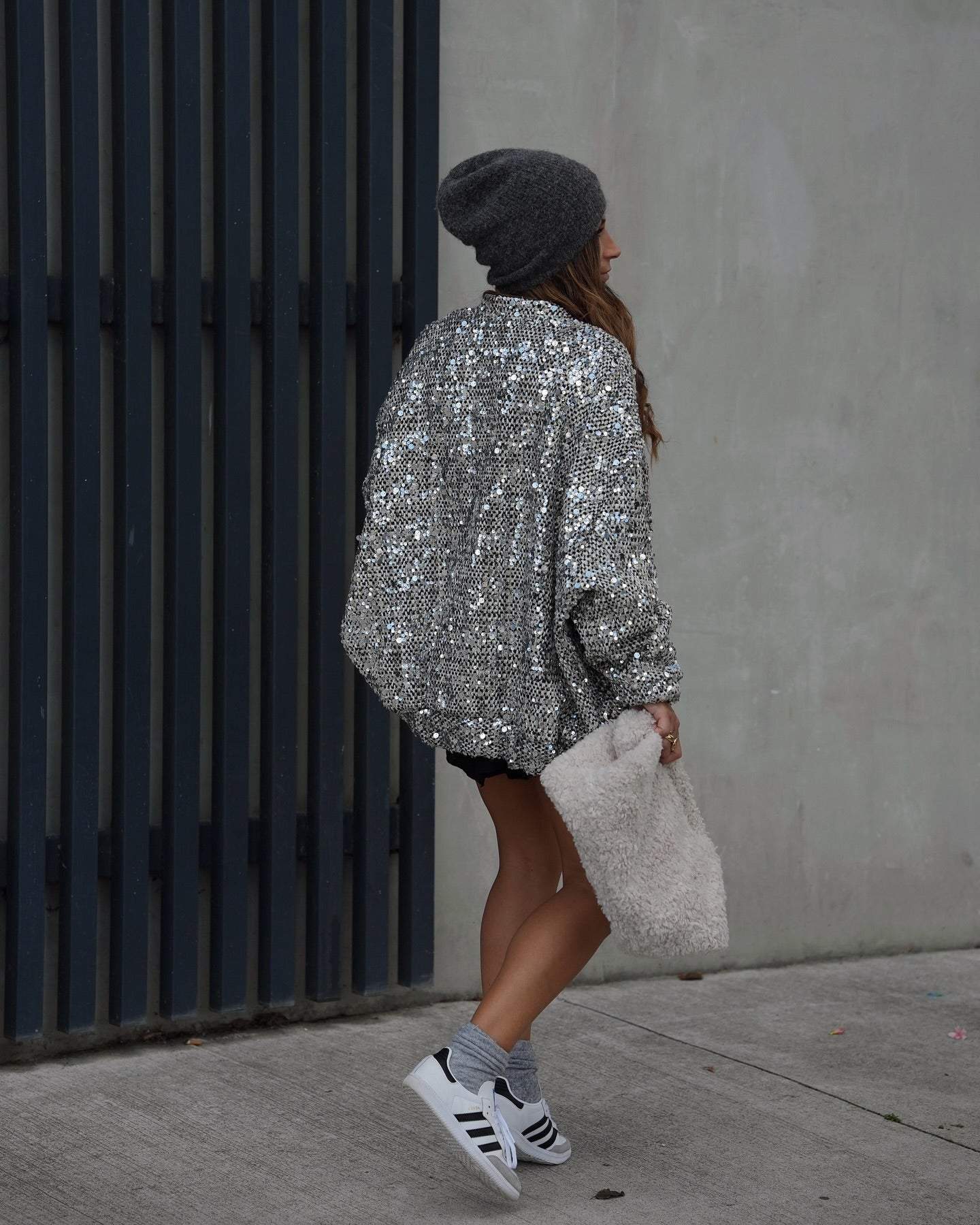 Silver Round Neck Long Sleeve Outerwear