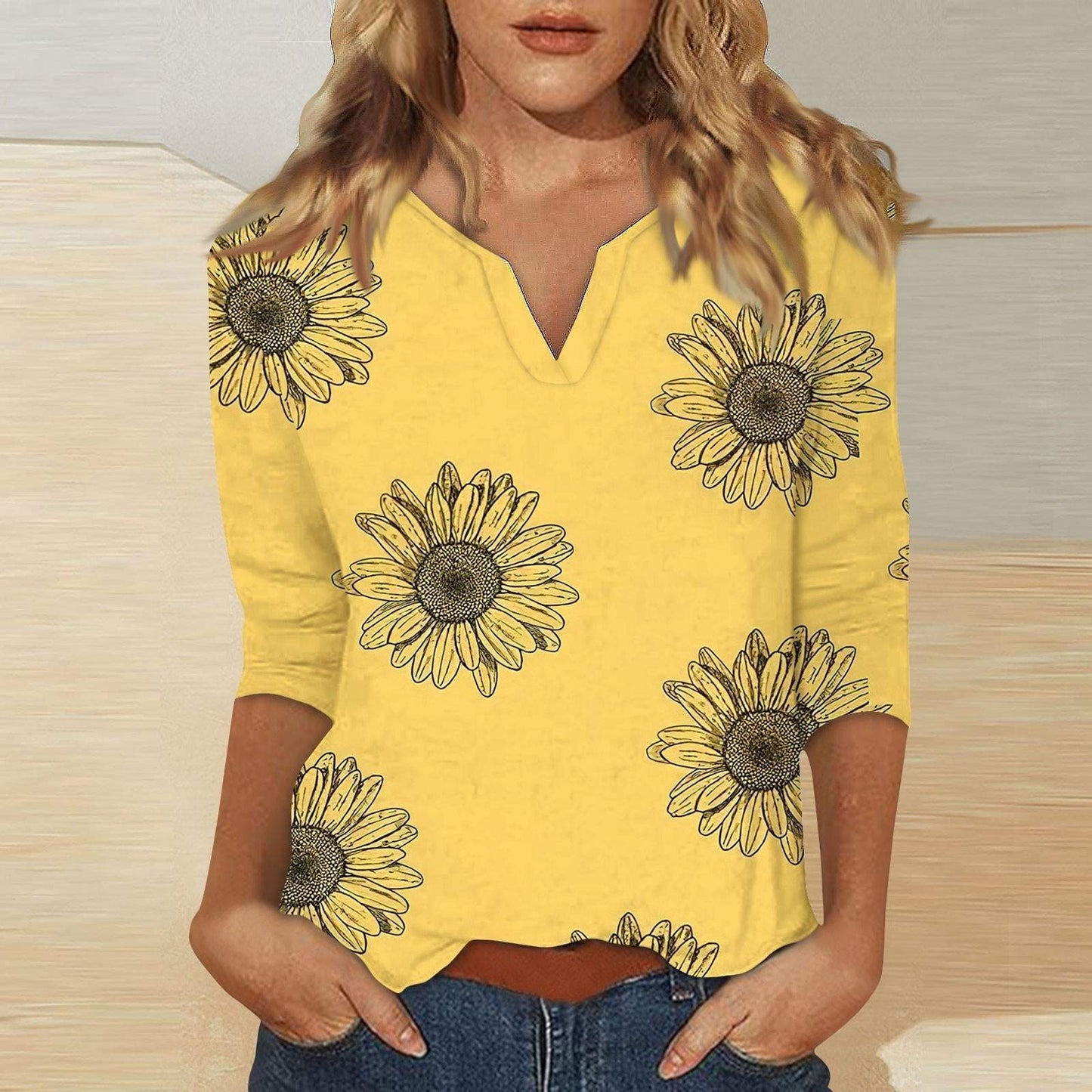 Yellow Notched Neck Floral Print Top