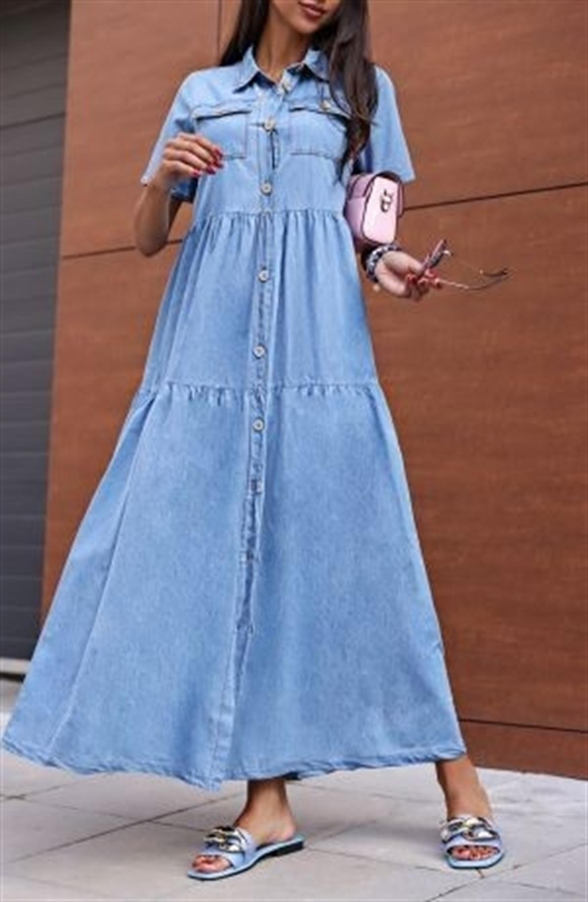 Blue Collared Short Sleeve Denim Maxi Dress